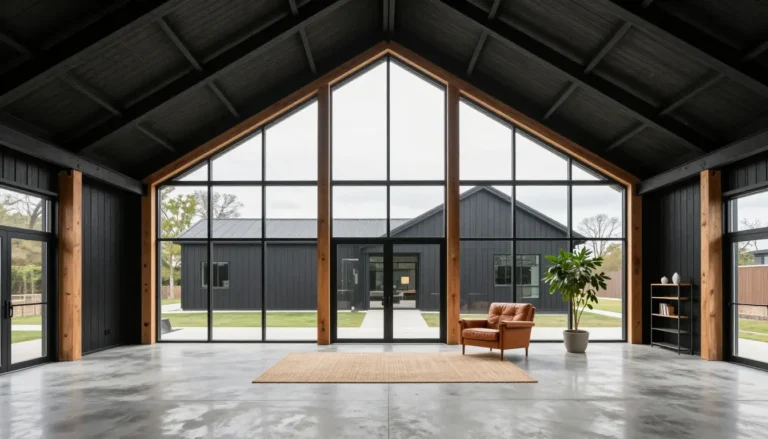 Modern black barn house exterior with matte black siding, cedar accents and large glazing
