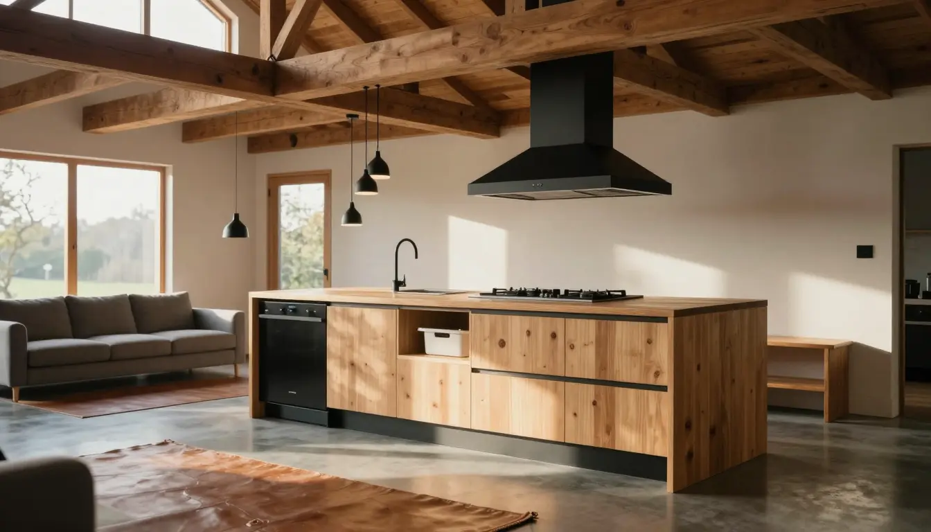Single-wall loft kitchen with panel-ready appliances and a deep island facing the open living area