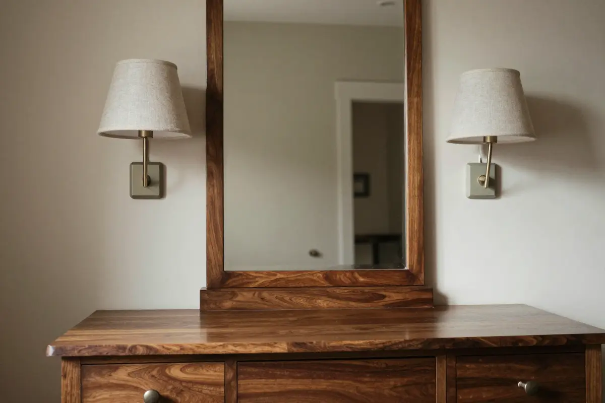 8. Dark Walnut Vanity with Fabric-Shaded Swing-Arm Wall Lamps
