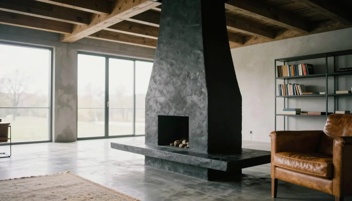 Black Roman clay chimney breast with a low floating bench in a barn bedroom