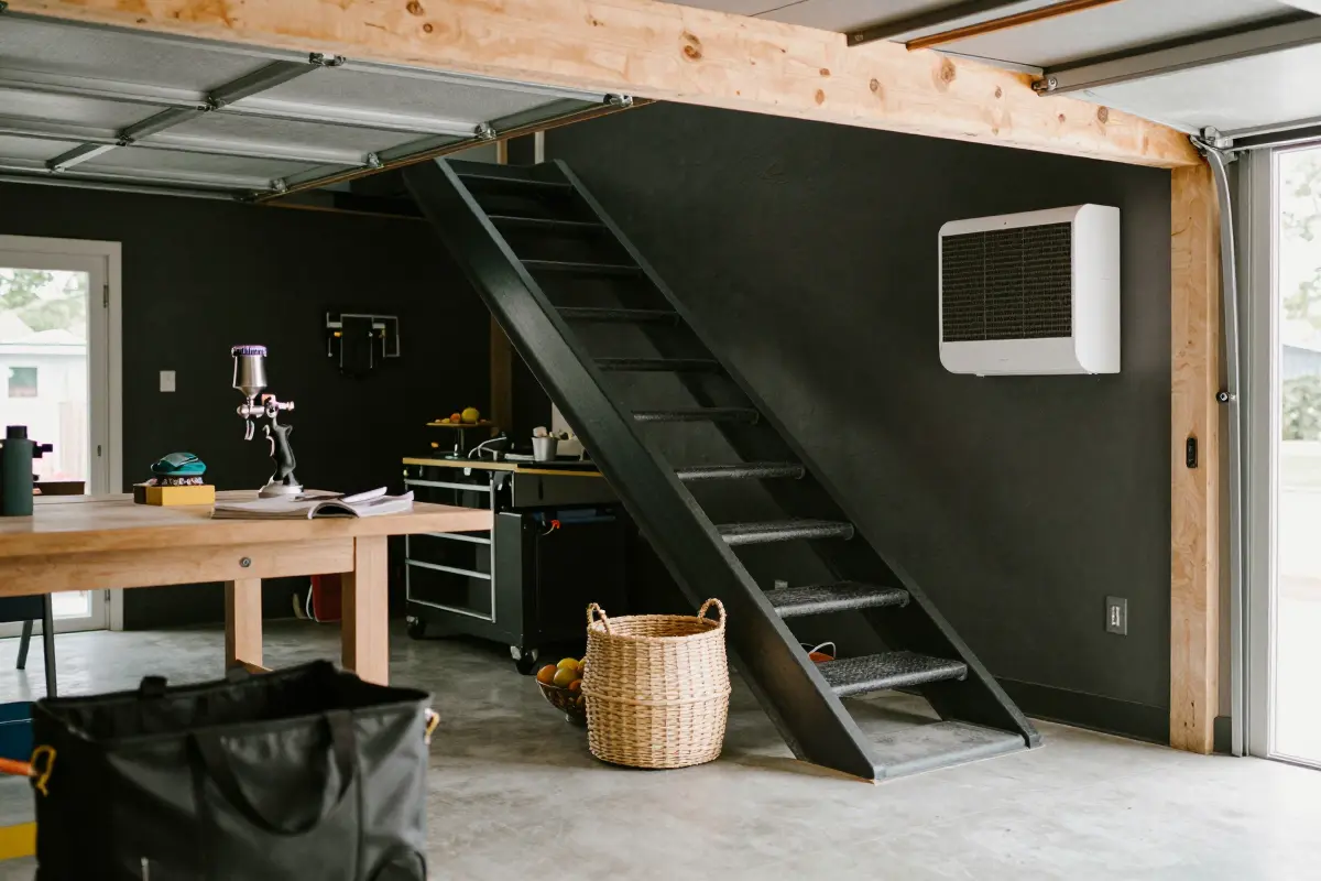 Woodworker's assembly and finishing loft above table saw and dust collection in a garage