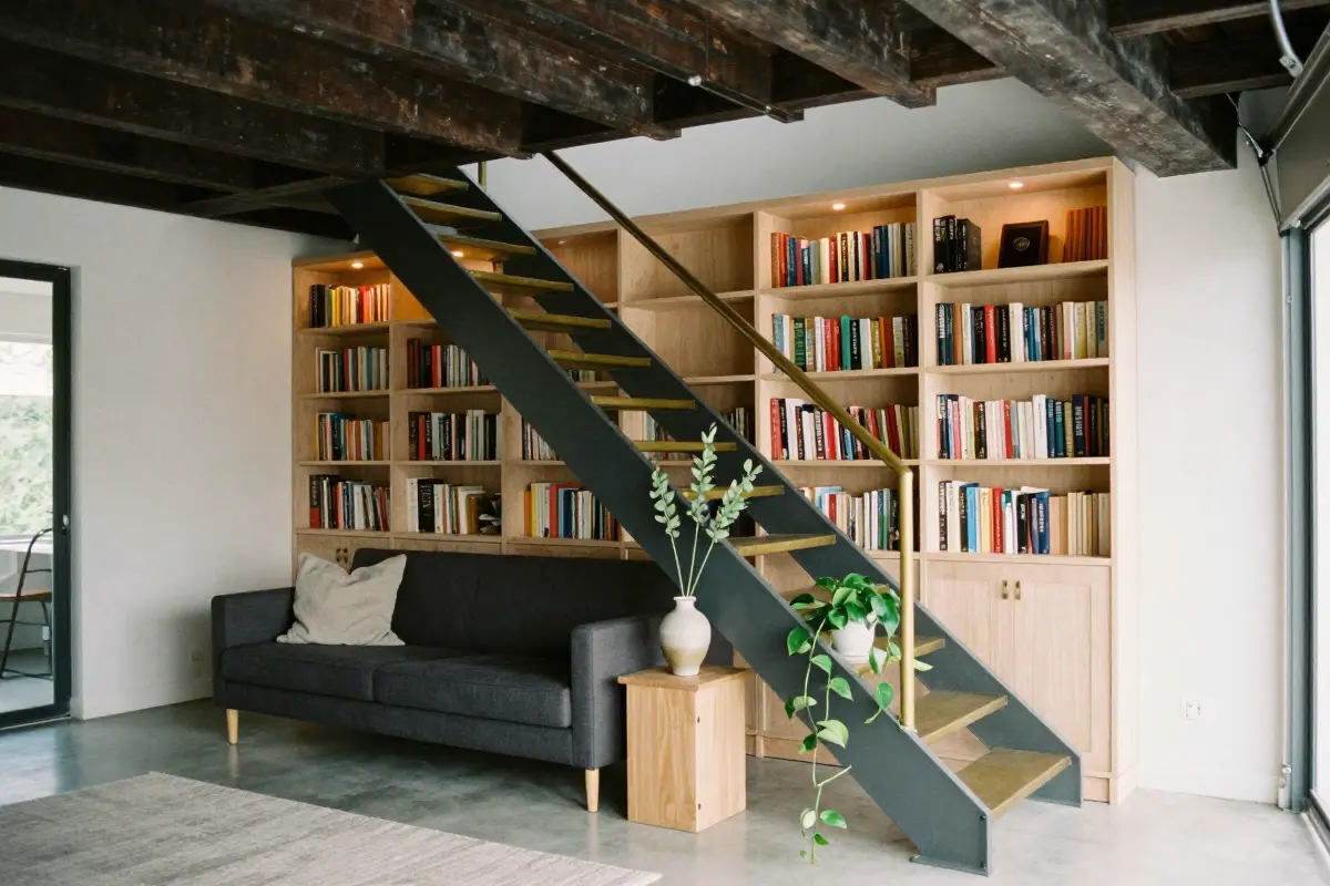 Dark-stained reading loft with floor-to-rafter bookcases and brass-finished alternating tread stairs
