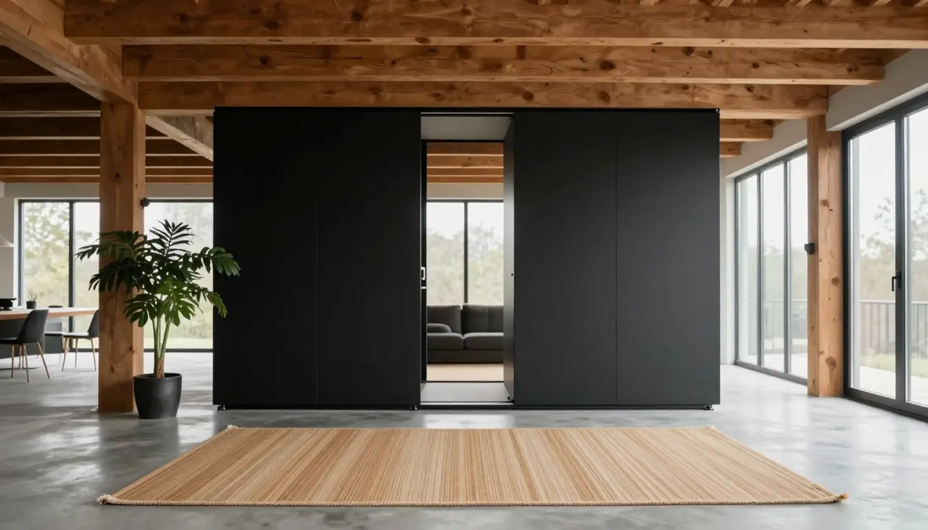 Flat black bypass sliding doors on a recessed track closing off a walk-in wardrobe