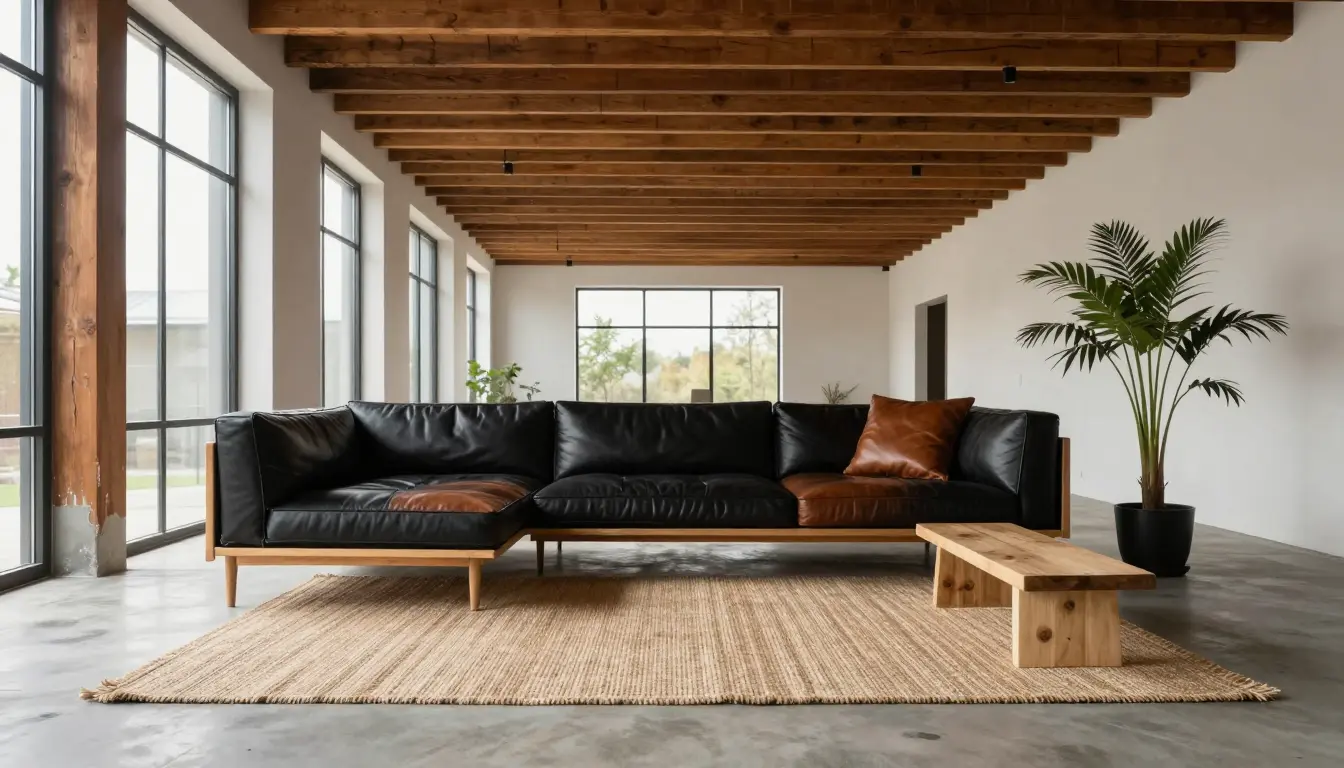 Low-profile modular sectional on a large jute rug in an open loft living area