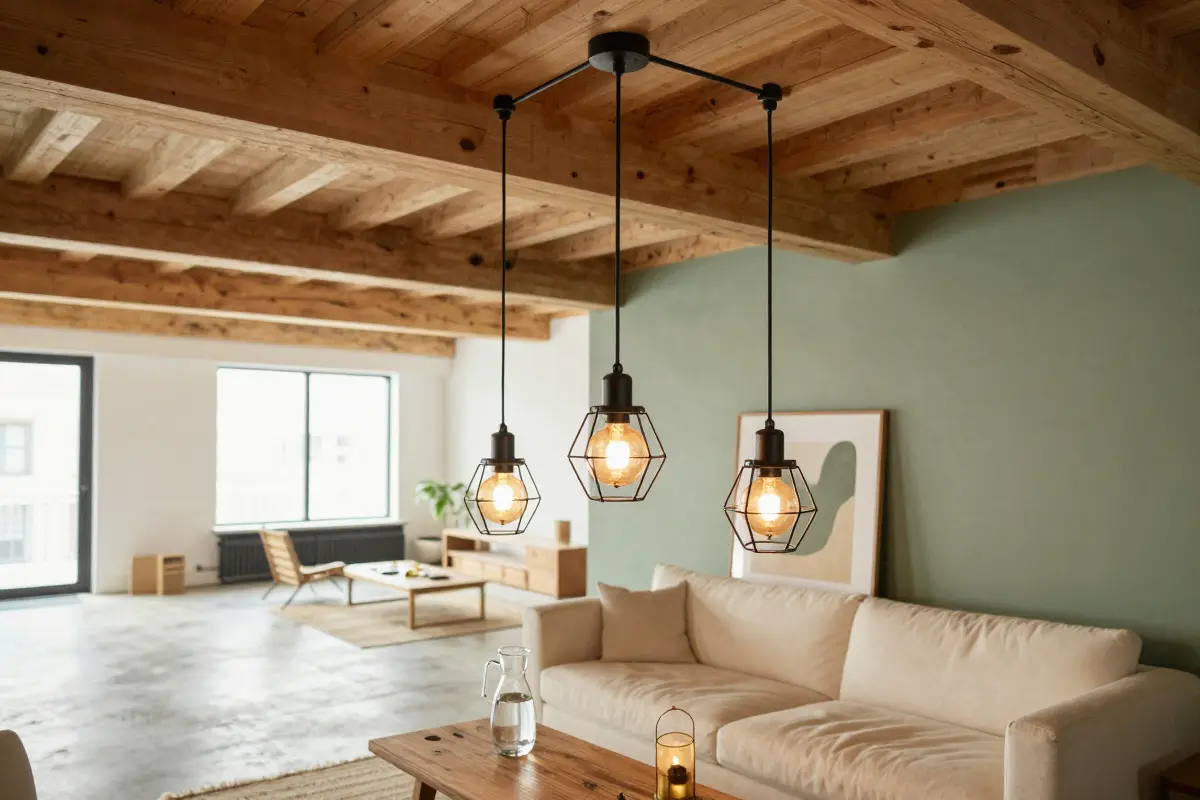 9. Multi-Tiered Industrial Pendant Lighting Suspended from Junction Boxes