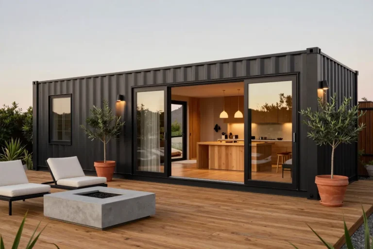 Modern shipping container home with stacked and side-by-side containers on a landscaped lot