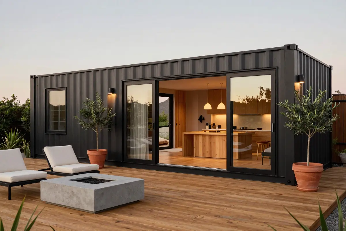 Modern shipping container home with stacked and side-by-side containers on a landscaped lot