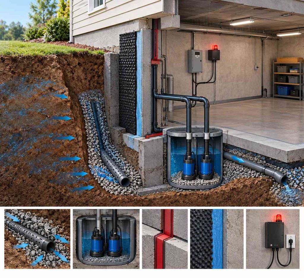 Perimeter drainage gallery with French drain channels leading to a dual-pump sump station