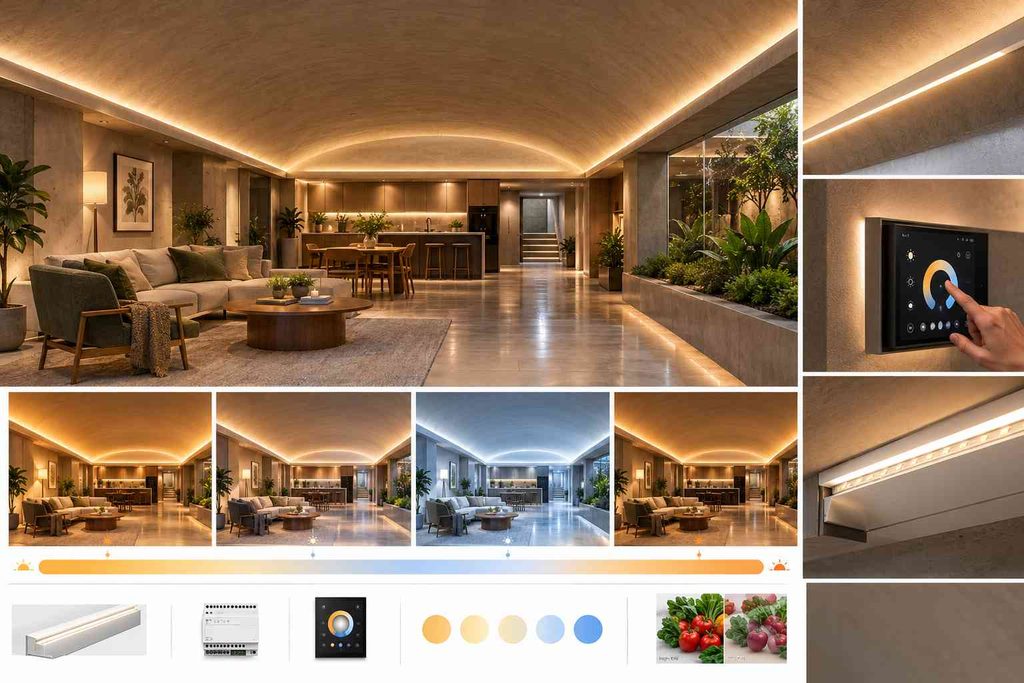 Underground vaulted corridor with cove lighting shifting from warm amber to cool white