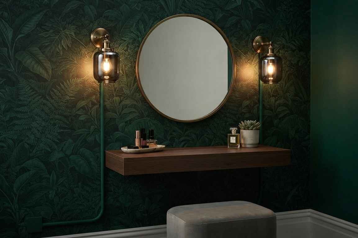 Dark Wallpaper Accent Wall with Plug-In Smoked Glass Sconces