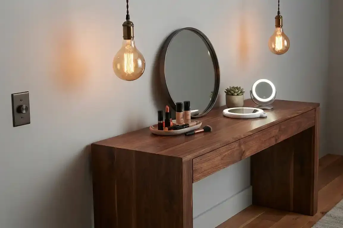 Dark Wood Console with Amber Glass Edison Pendants