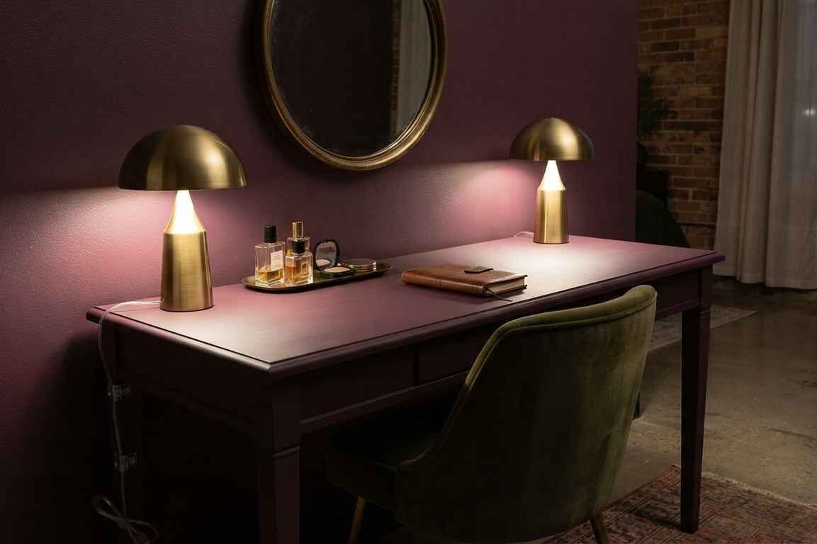 Deep Plum Vintage Desk with Brass Mushroom Table Lamps