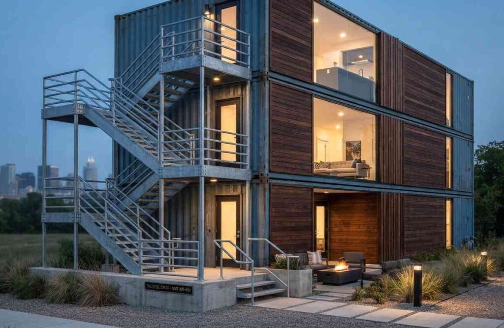 Stacked duplex shipping container home with an exterior galvanized steel staircase