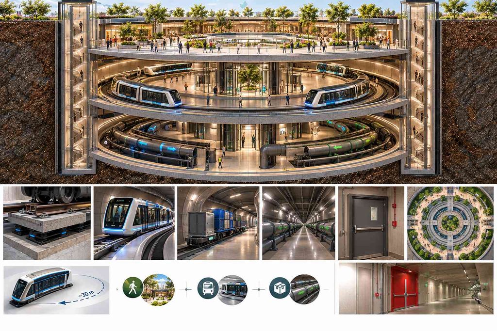 Circular underground transit hub with a pedestrian boulevard above automated people mover tracks