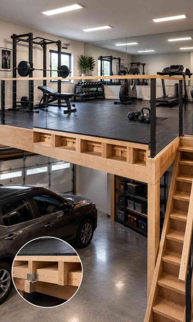 Garage loft gym with interlocking rubber floor tile, mirrored back wall and flush LED panels