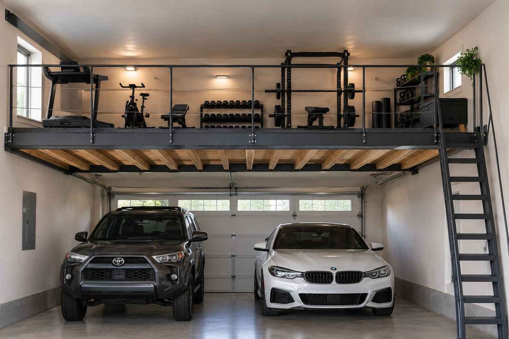 Lofted Garage Gym with Two Cars