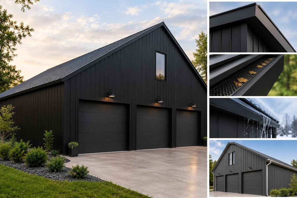 Monochromatic black barn garage with concealed box gutters and matching black fascia