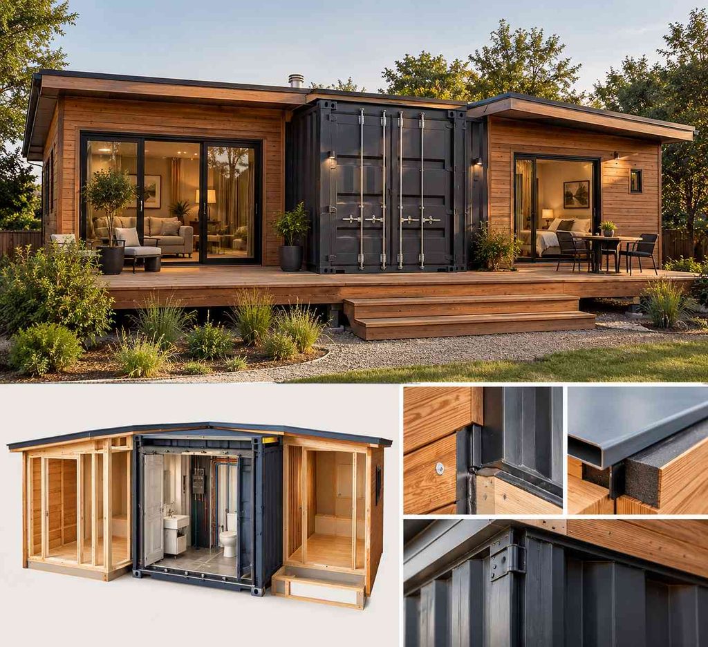 Hybrid home with a shipping container core and wood-framed living additions