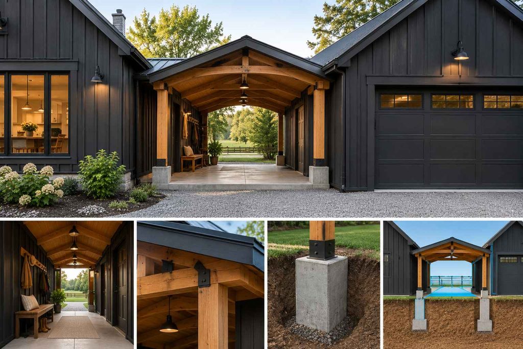 Black board-and-batten garage joined to a farmhouse by an open timber-frame breezeway