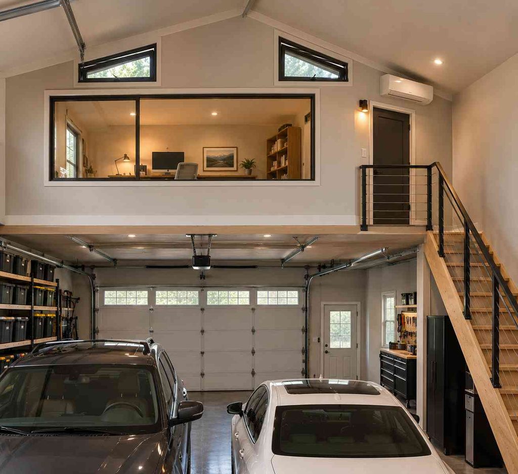 Enclosed home office loft above a garage with high clerestory windows on the gable wall