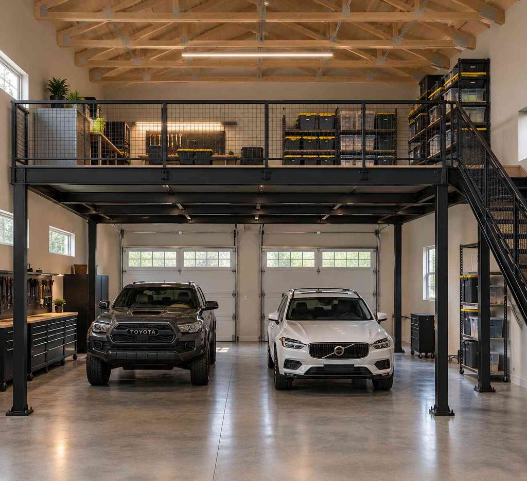 Freestanding steel-framed garage mezzanine with powder-coated black tubing and matte black railings