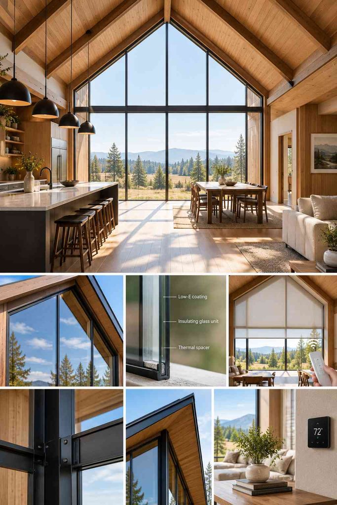 Floor-to-ceiling triangular glass gable end flooding a modern barn house hall with daylight