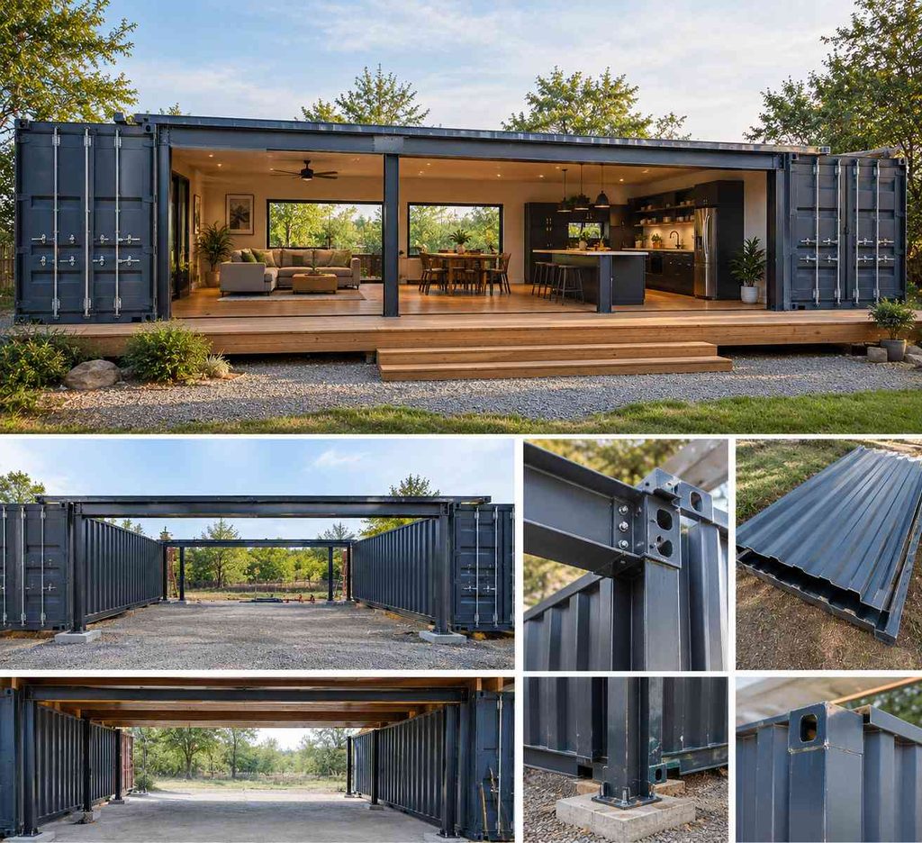 Two side-by-side shipping containers opened into one wide open-plan living space