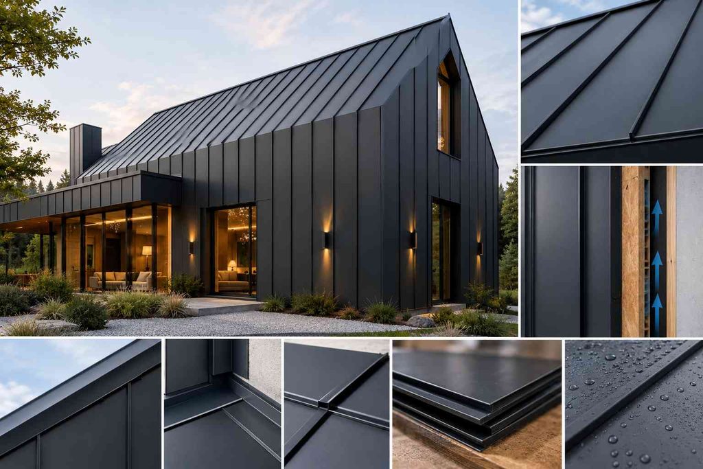 Matte black standing-seam metal cladding wrapping the roof and walls of a modern barn house