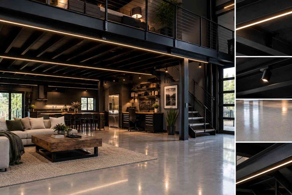 Charcoal-painted garage loft joists and decking with flush aluminum LED channel lighting