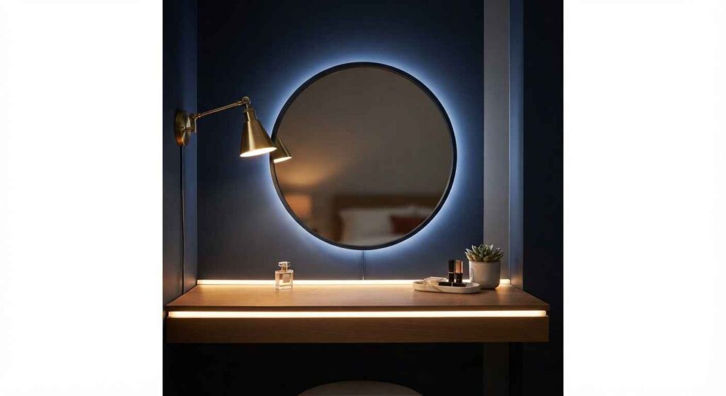 Navy Blue Vanity with Backlit Circular Mirror