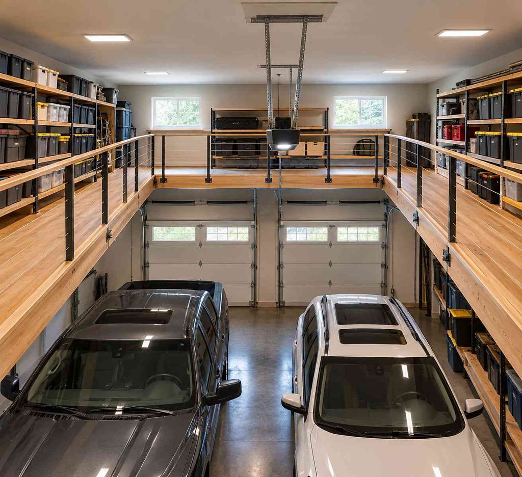 U-shaped catwalk loft wrapping the perimeter of a deep tandem garage with storage bins