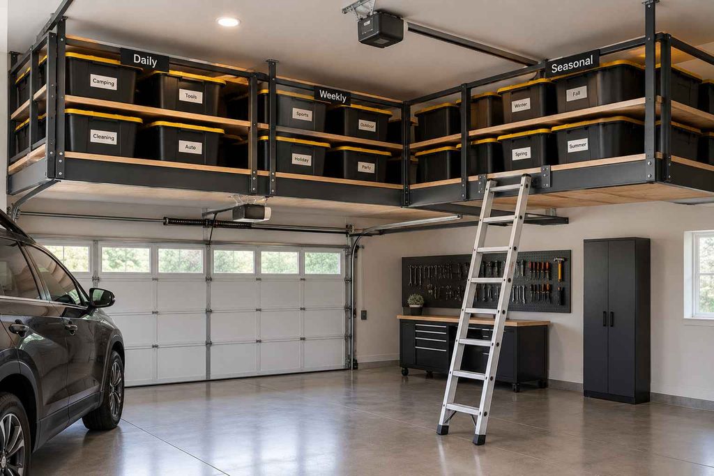 Organized Garage Loft Storage System