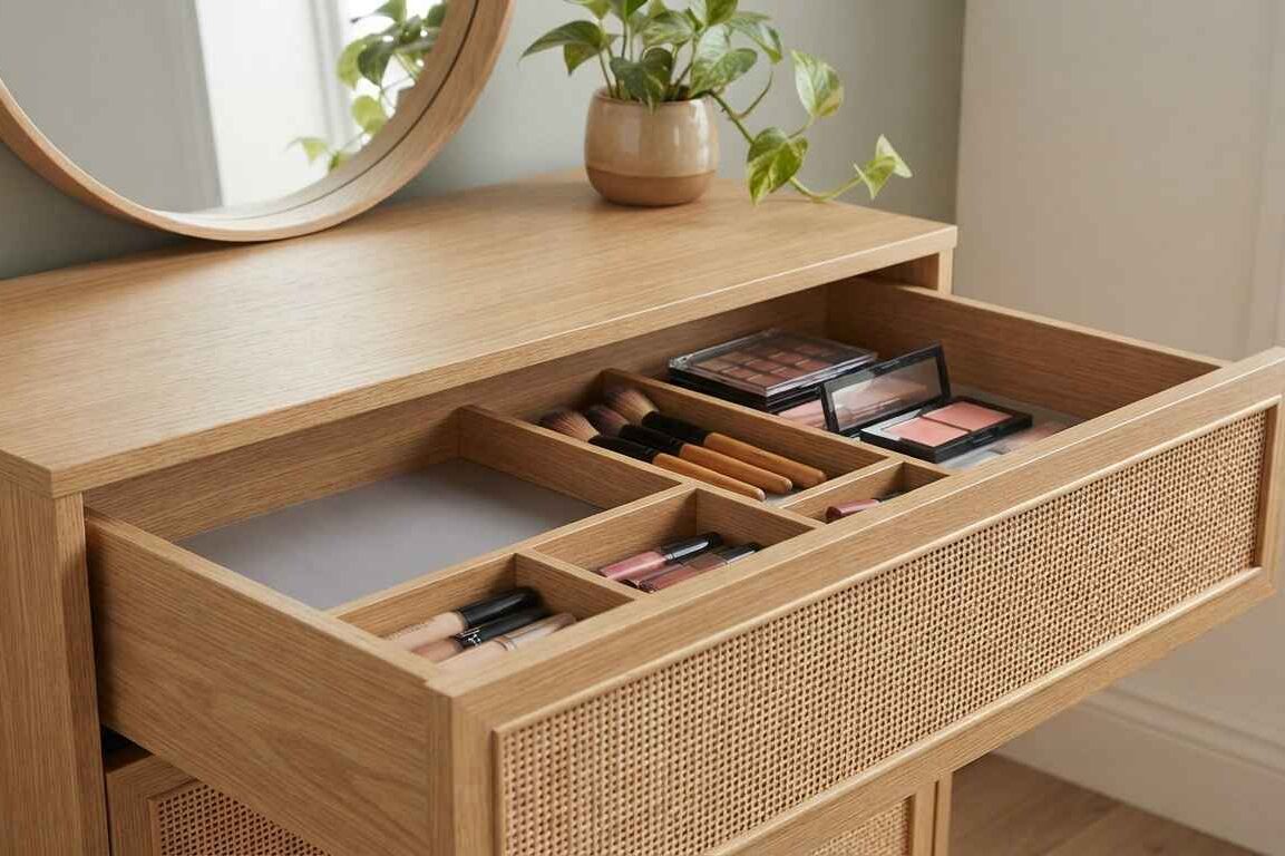 Rattan-Panel Dresser with Integrated Drawer Dividers