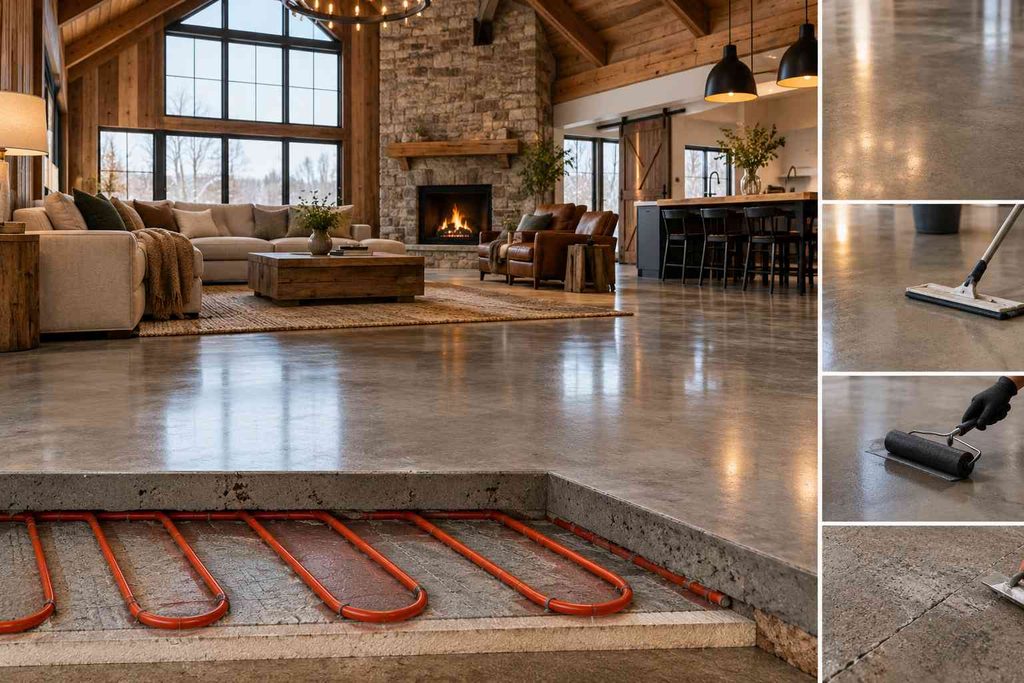 Honed concrete floor with embedded radiant heating in an open barn-style living area