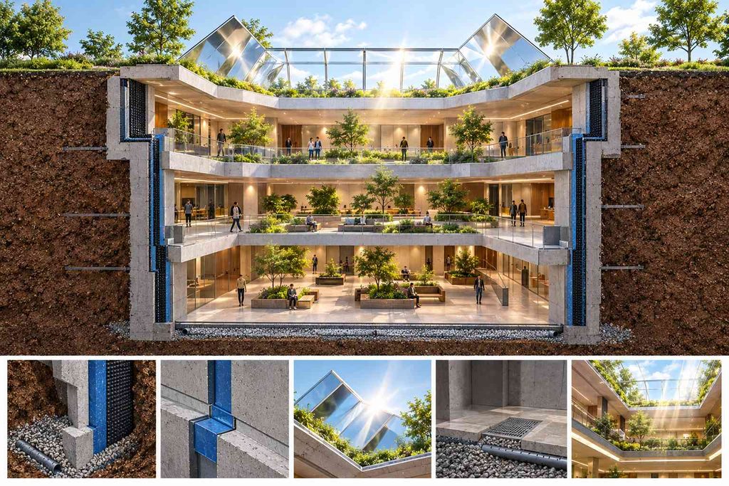 Stepped sunken plaza with three terraced tiers lit by an open-air lightwell above