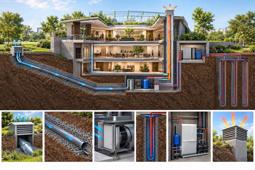 Underground ventilation corridor with buried earth tubes and intake shafts tempering fresh air