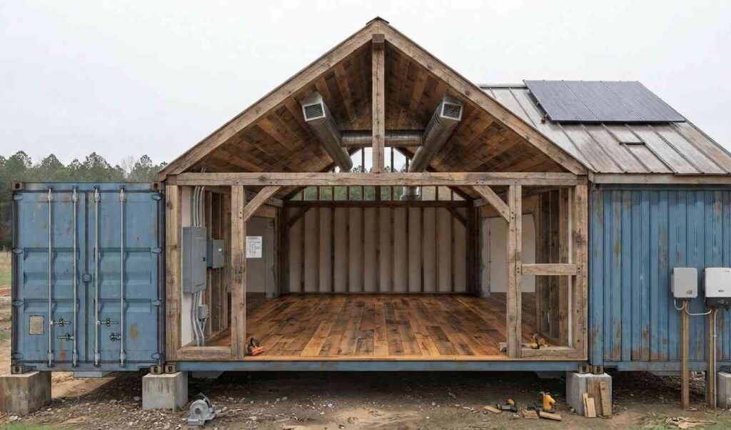 Two parallel shipping containers joined by a gable roof over a central great room