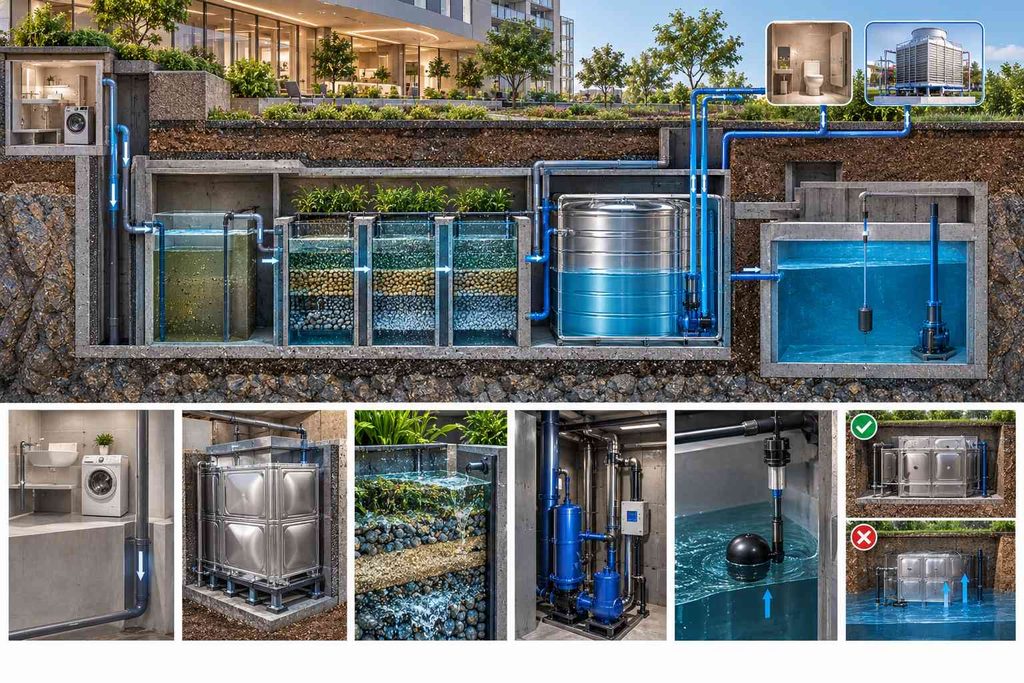 Row of stainless steel cisterns and filtration equipment in a sub-basement greywater recycling plant