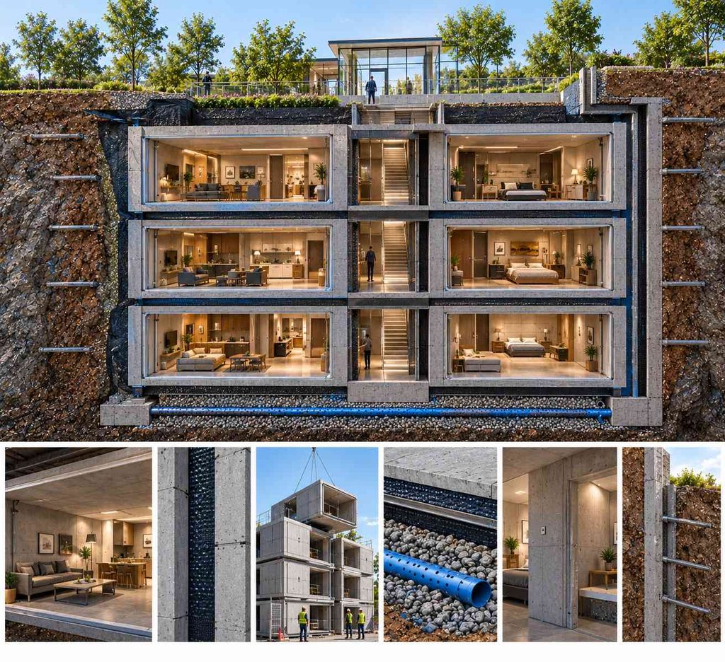 Terraced residential vaults of prefabricated concrete cells set into a bedrock cavern wall