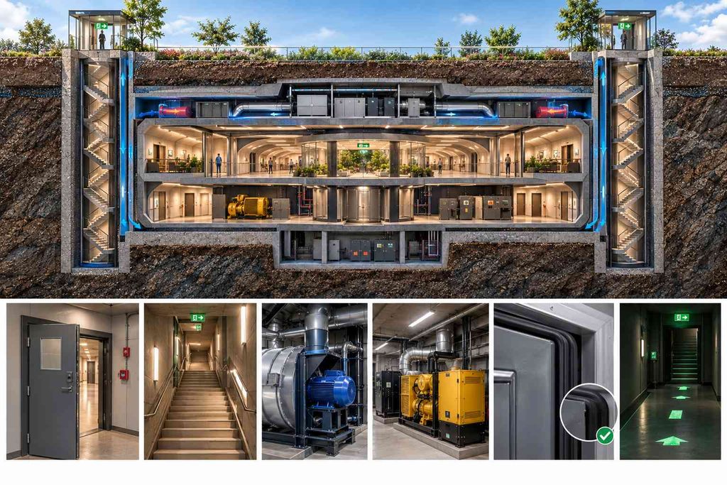 Pressurized underground refuge pod with fire-rated doors and glowing exit path markings
