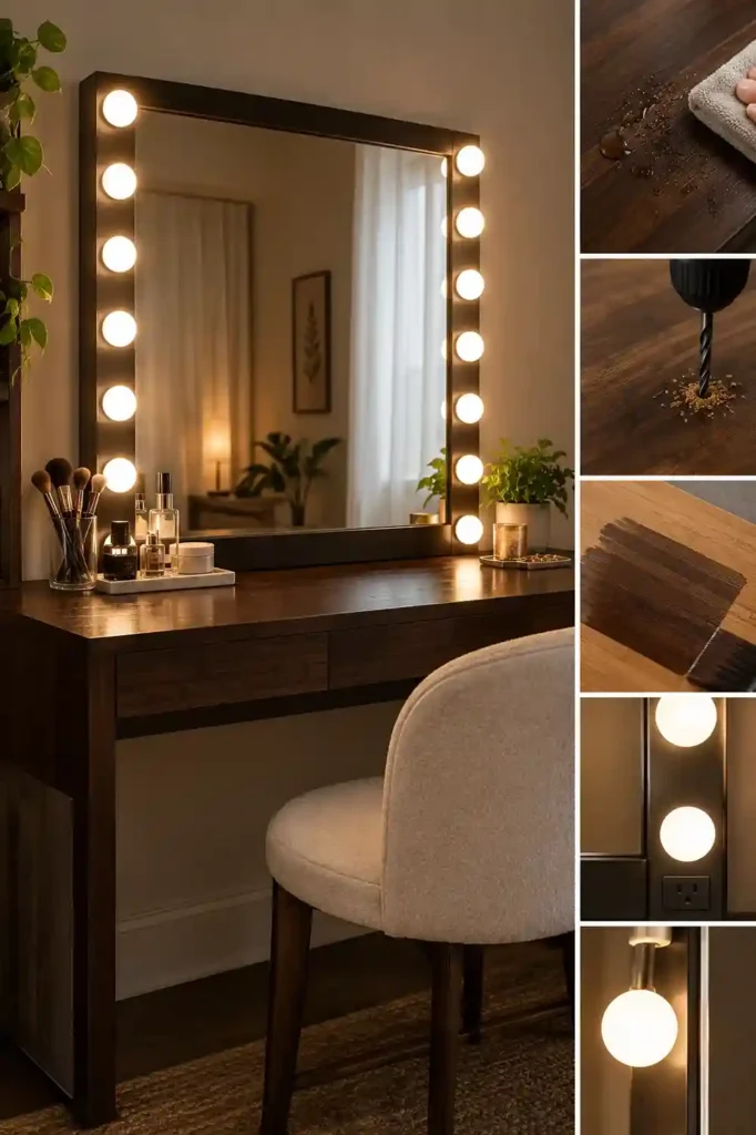 Warm Hollywood Vanity with Wood Details