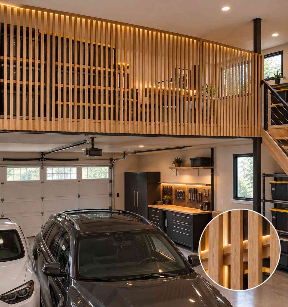 Floor-to-ceiling vertical oak slats screening a garage mezzanine studio with LED backlighting