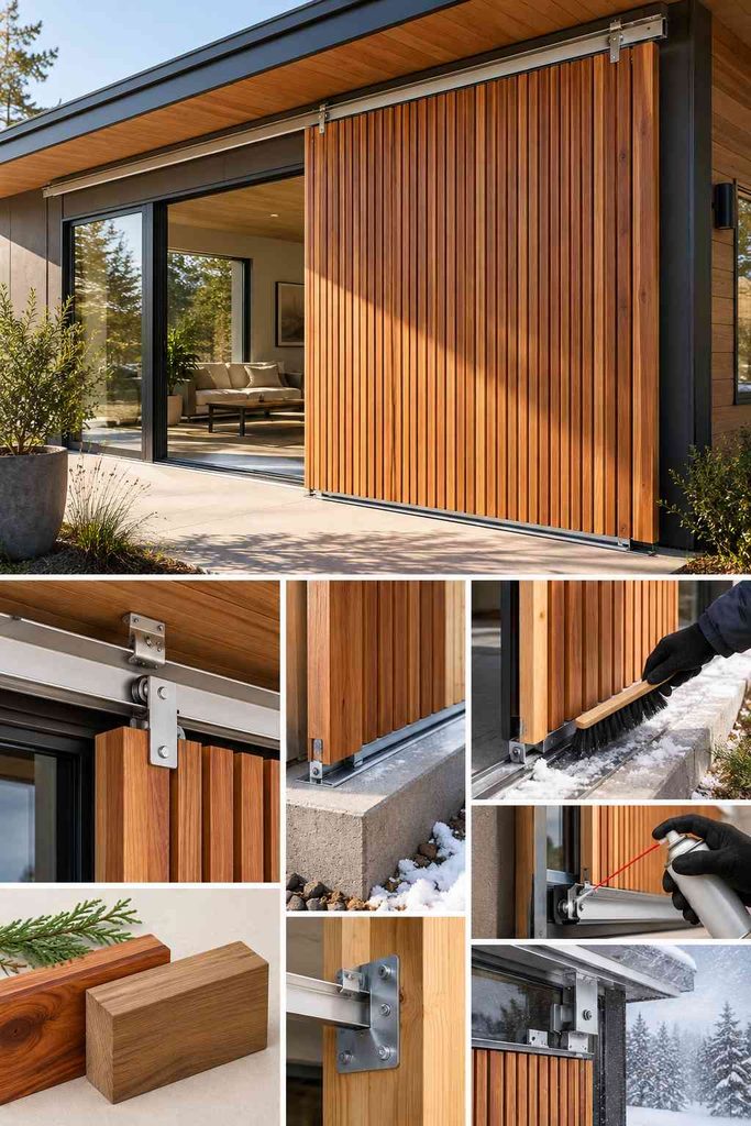 Track-mounted sliding cedar batten screen shading the west facade of a modern barn house