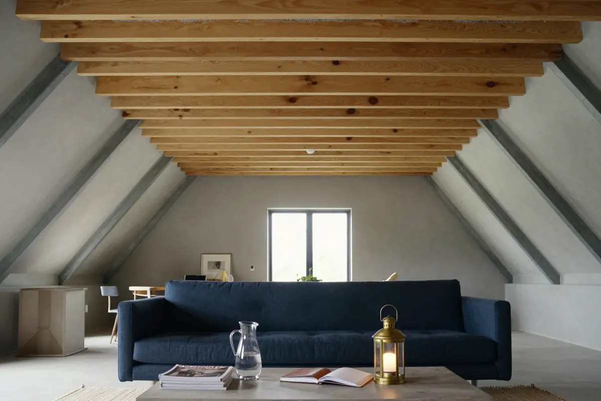 Slatted timber acoustic ceiling with felt backing above a cathedral-ceiling great room