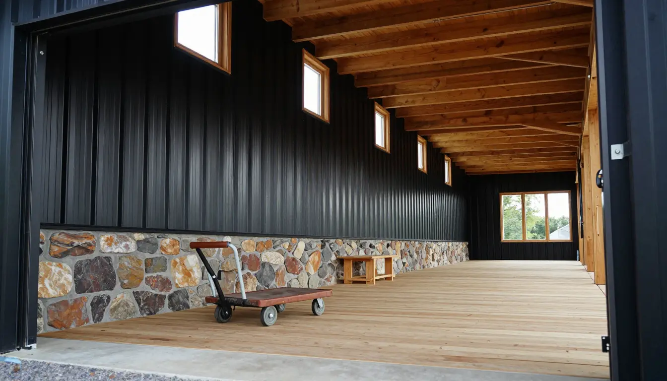 All-black pole barn garage with ribbed metal panels above a split-face stone skirt