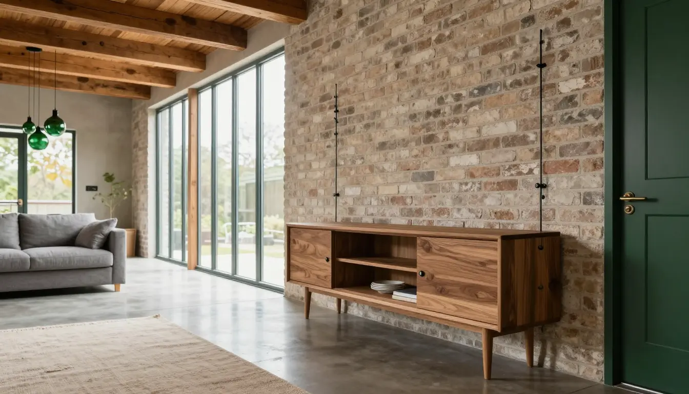 Shallow floating credenza anchored to a brick loft wall above an open floor