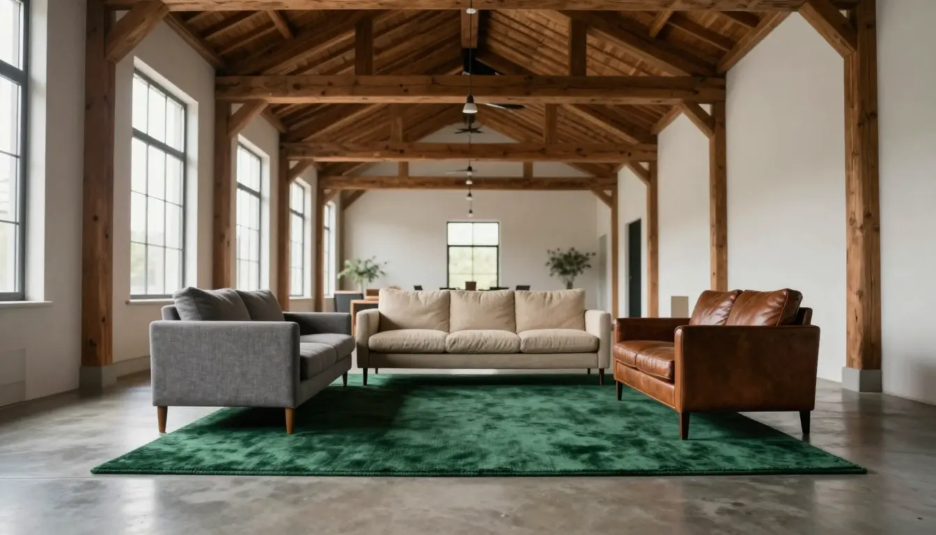 Oversized low-pile wool rug anchoring the sofa and chairs in an open-plan loft living area
