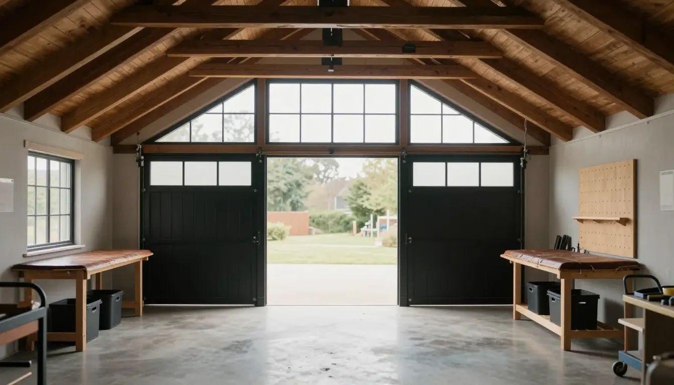 Black out-swinging carriage doors topped with a frosted multi-pane transom on a barn garage