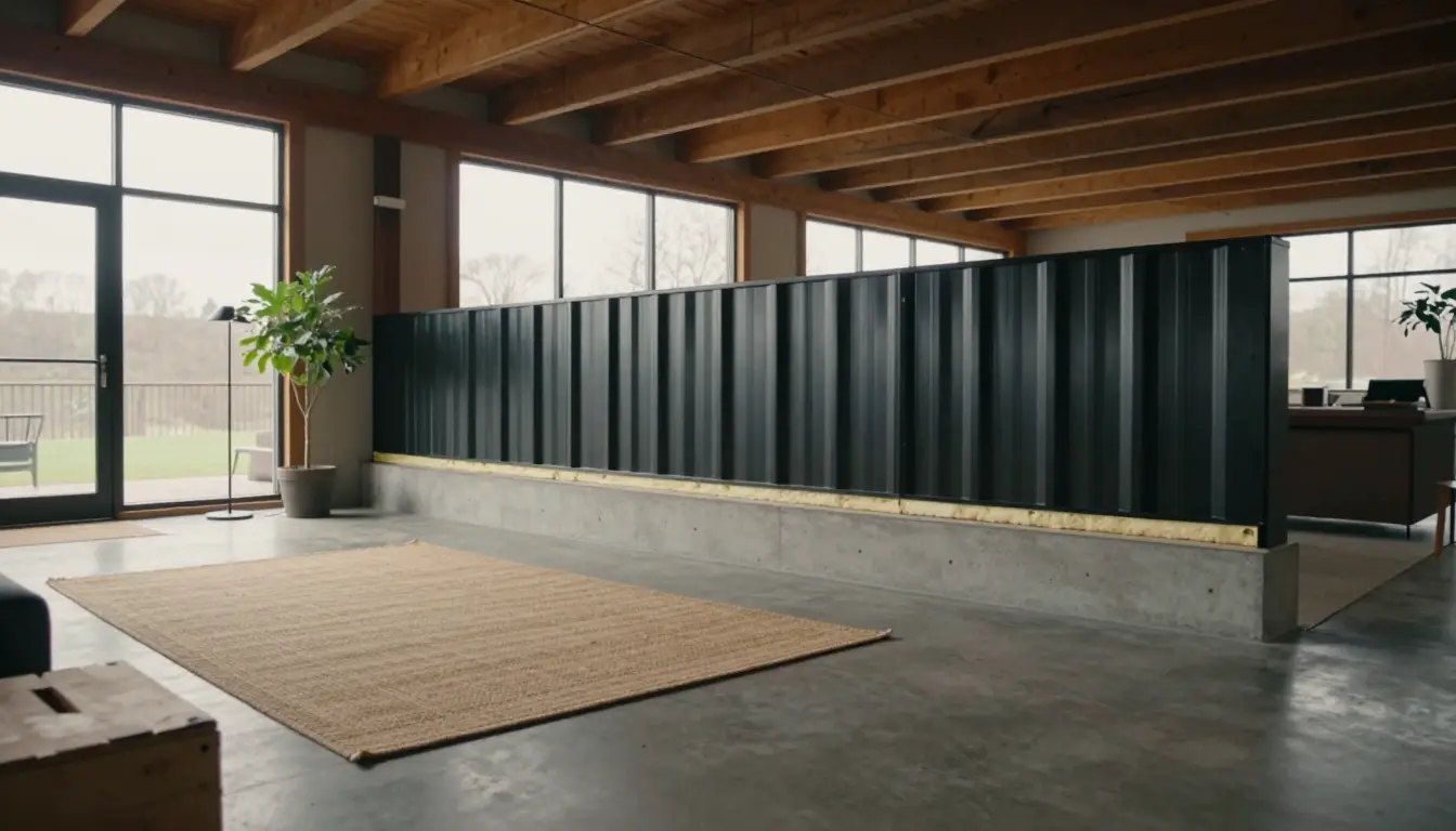 Black corrugated metal barn on a board-formed concrete plinth