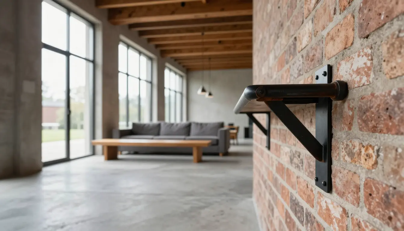 Matte blackened steel brackets and exposed conduit against a loft wall